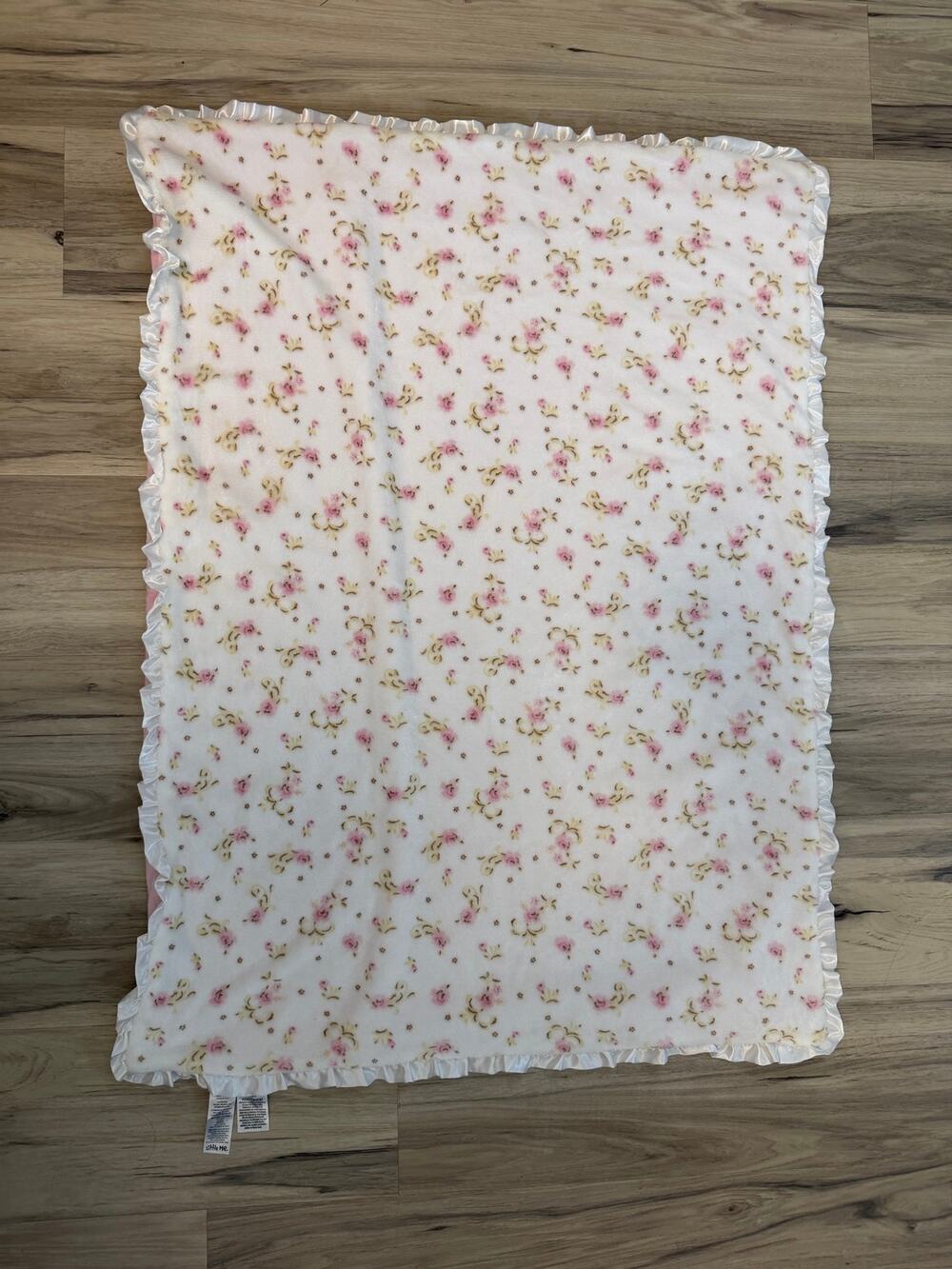 Little Me Vintage Rose Baby Blanket Pink White Floral Satin Ruffle Trim Minky